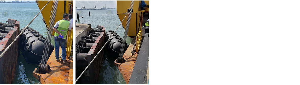 Fenders pneumatiques installés sur le port de Nhava Sheva